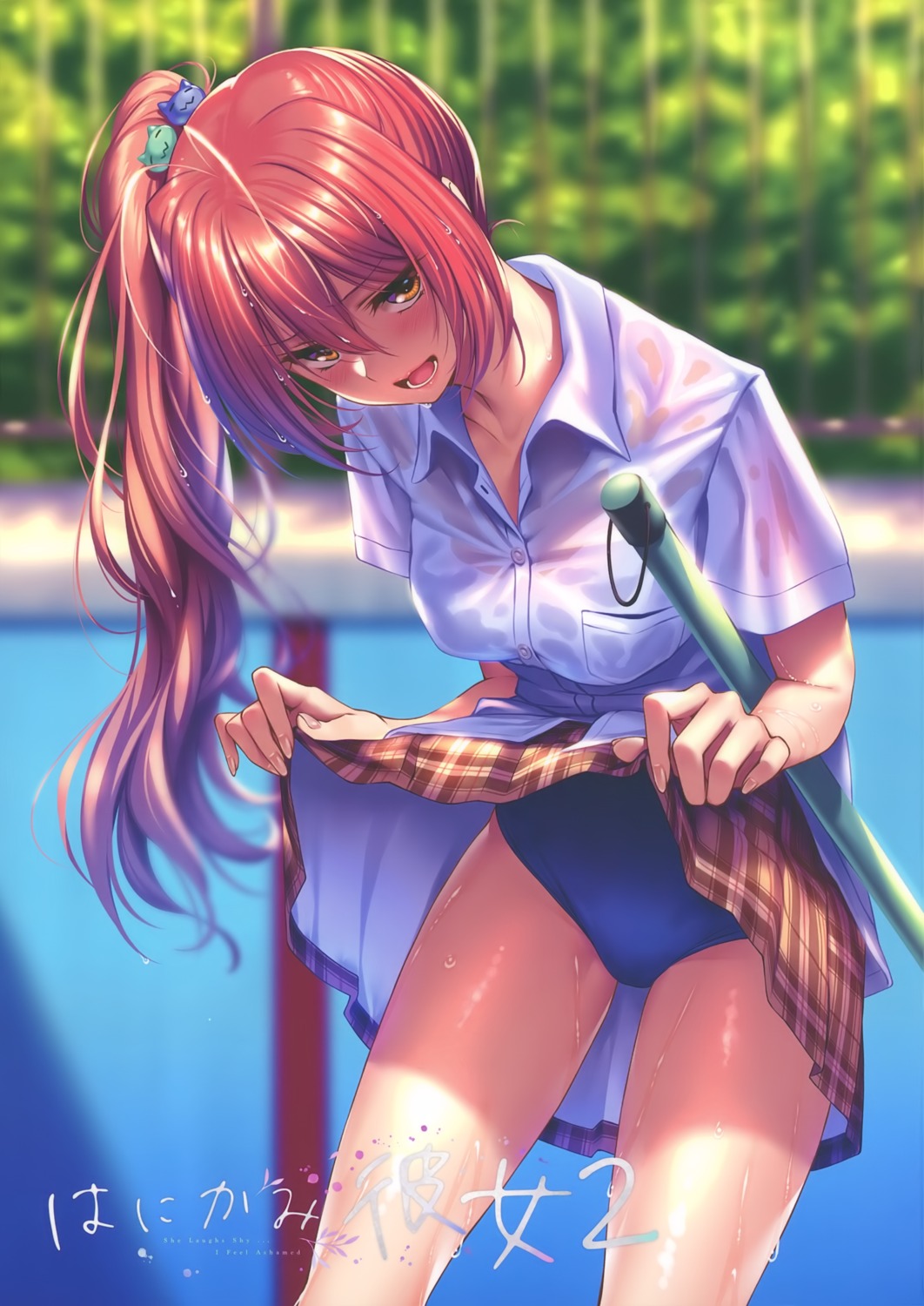 hanikami_kanojo hinoura_nanaka piromizu school_swimsuit see_through seifuku skirt_lift swimsuits wet wet_clothes