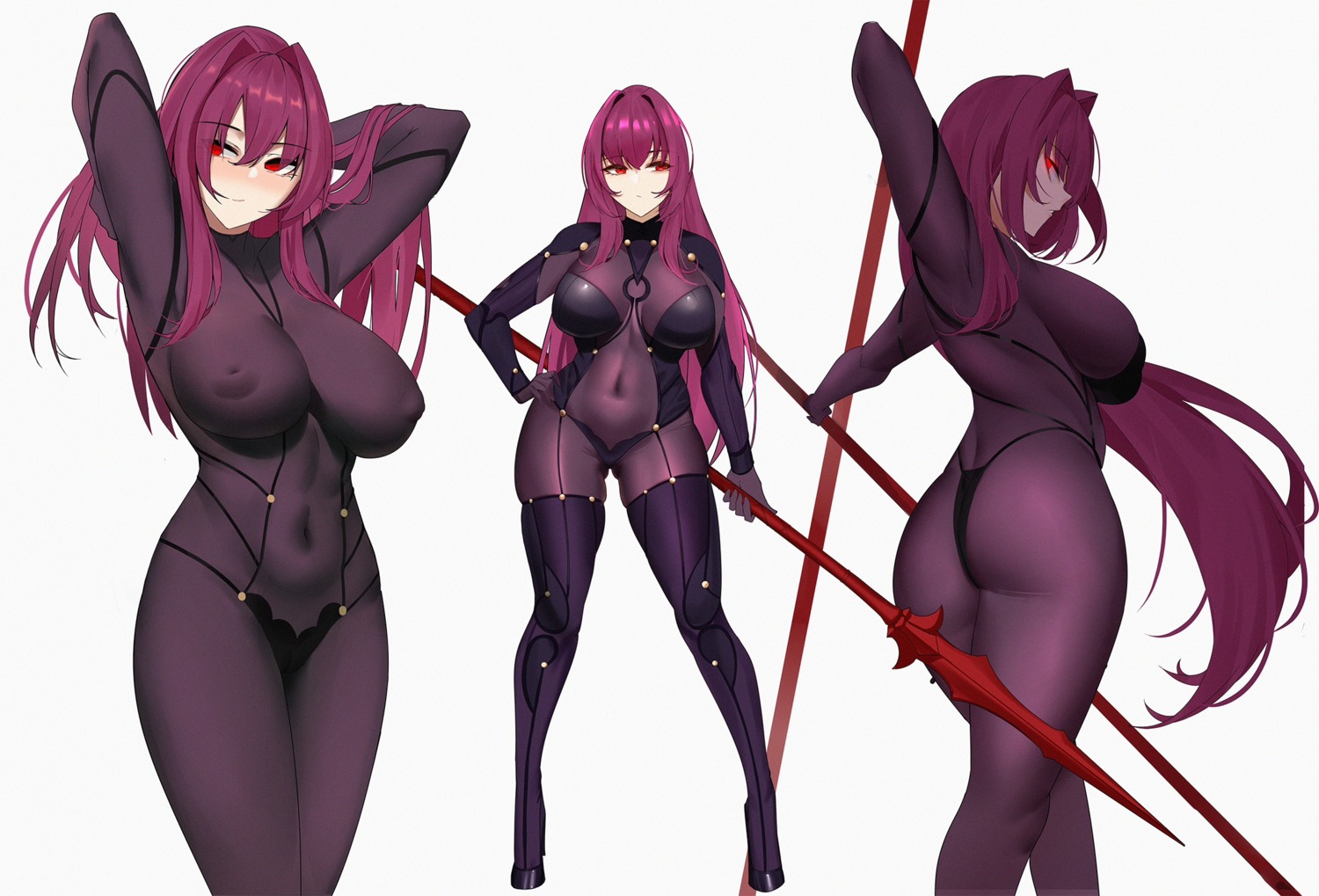 ass bodysuit fate/grand_order gg-e nipples no_bra pantsu scathach_(fate/grand_order) see_through thighhighs thong weapon
