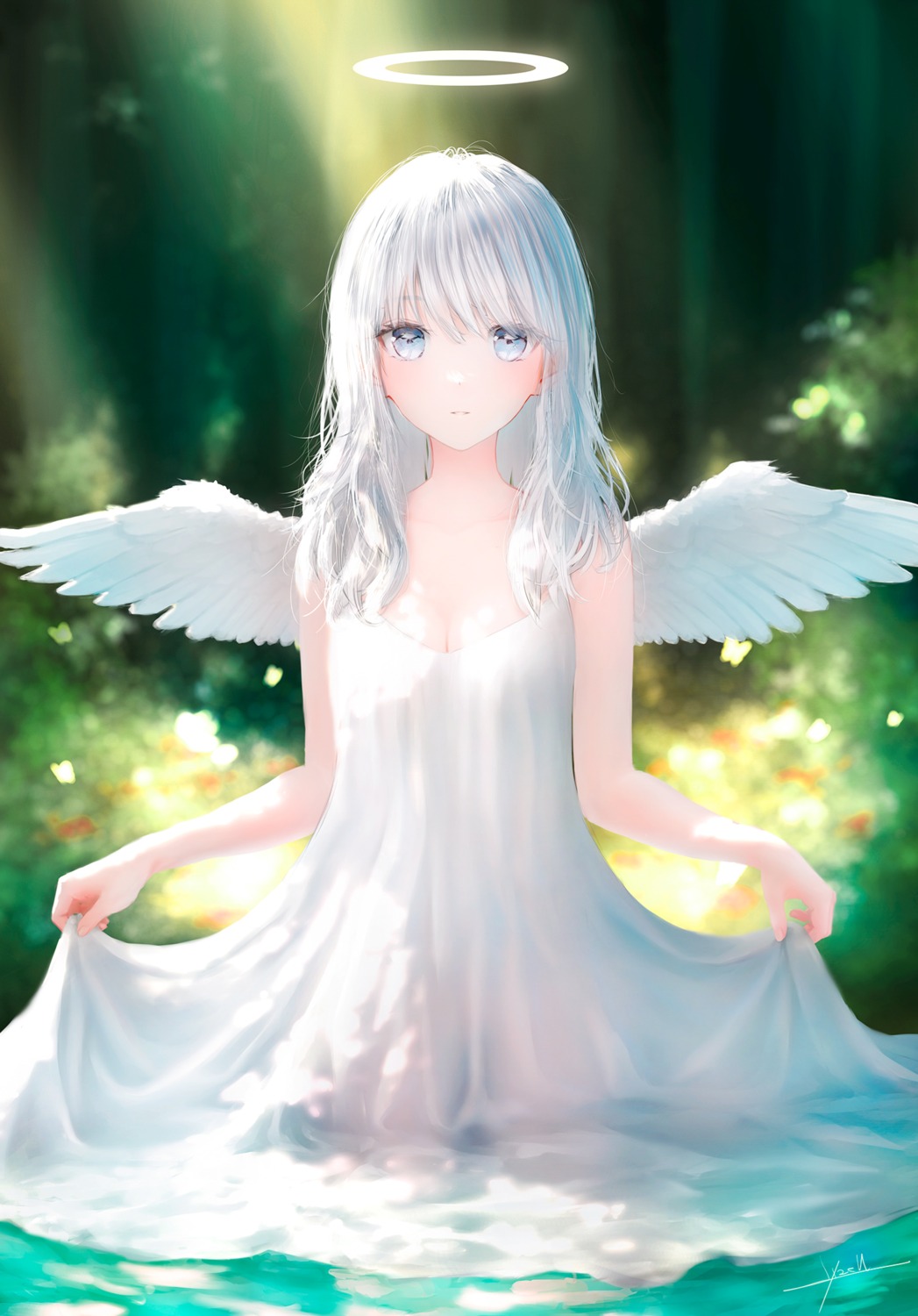 angel artist_revision cleavage dress no_bra nopan ojay_tkym see_through skirt_lift wet wet_clothes wings