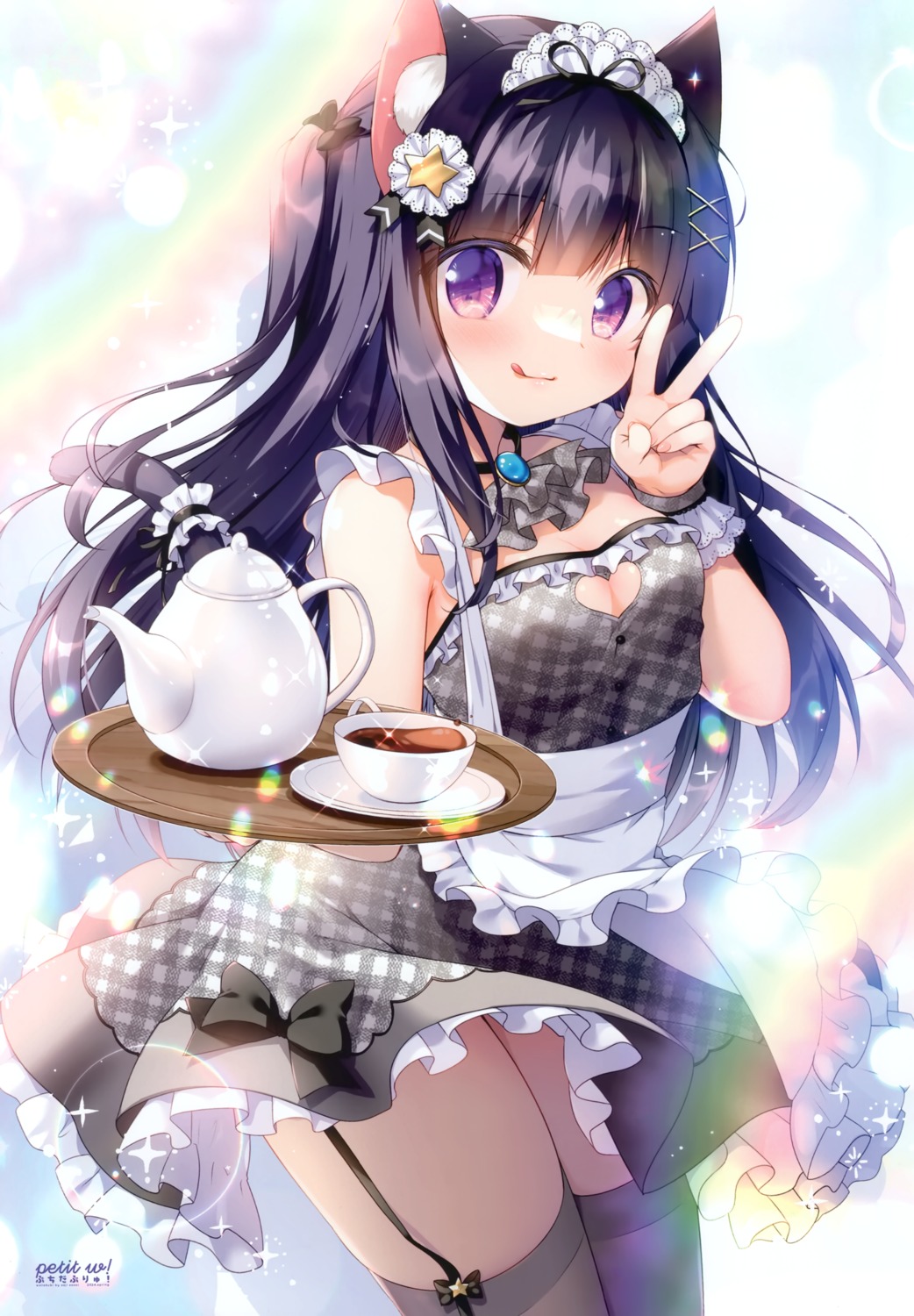 animal_ears kuro_(sasai_saji) maid nekomimi sasai_saji skirt_lift stockings tail thighhighs waitress watakubi