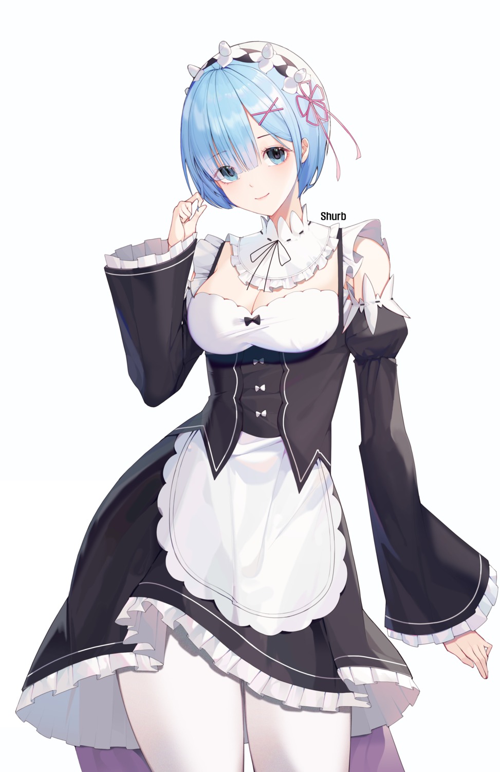 cleavage maid pantyhose re_zero_kara_hajimeru_isekai_seikatsu rem_(re_zero) shurb skirt_lift