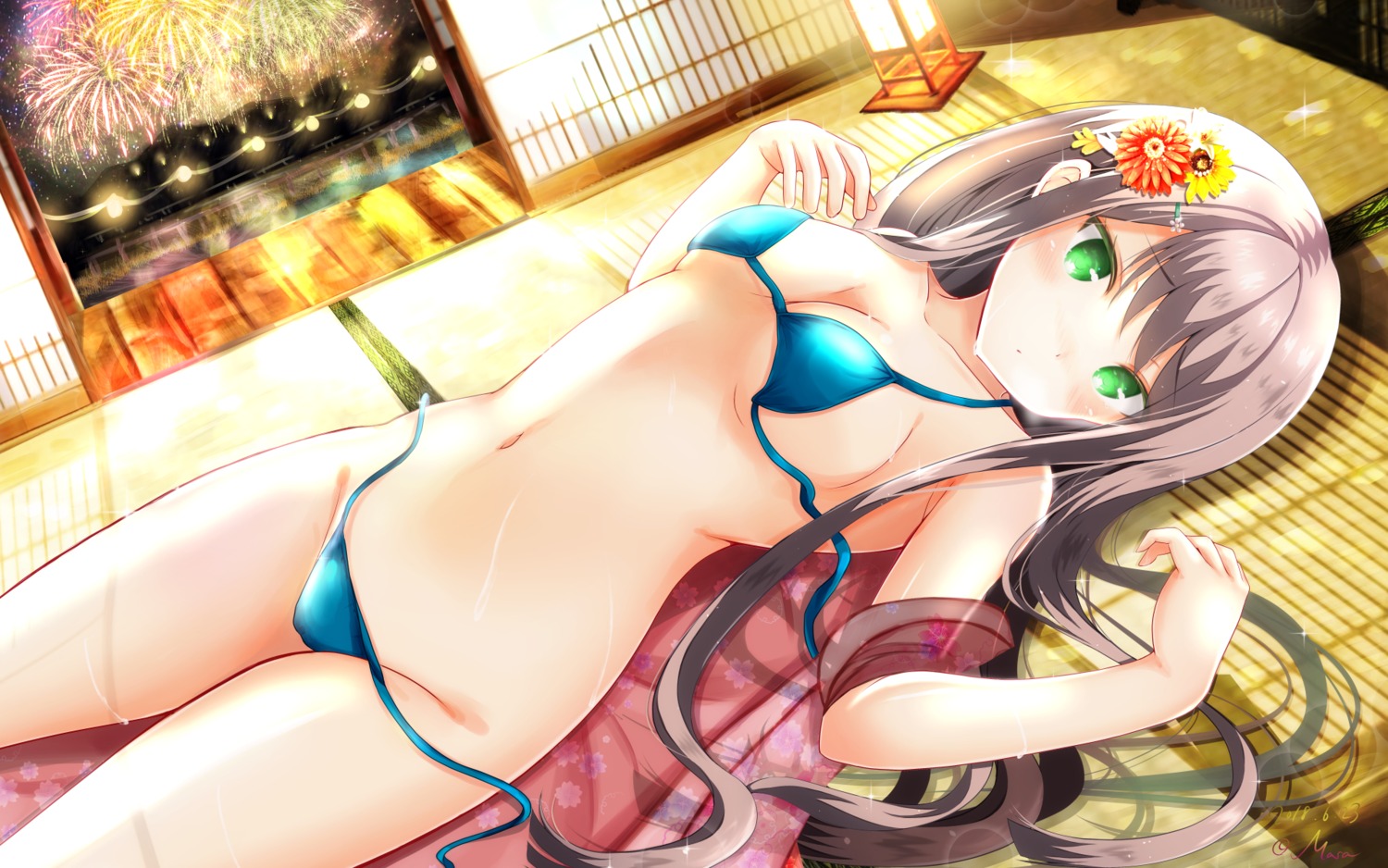 bikini girlfriend_(kari) kamijou_rui masa_(mirage77) open_shirt panty_pull swimsuits wallpaper yukata