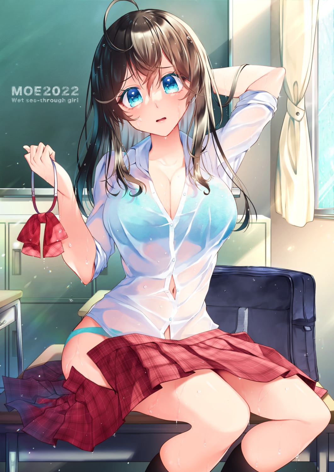 bra cleavage kaede_(mmkeyy) pantsu see_through seifuku skirt_lift undressing wet wet_clothes