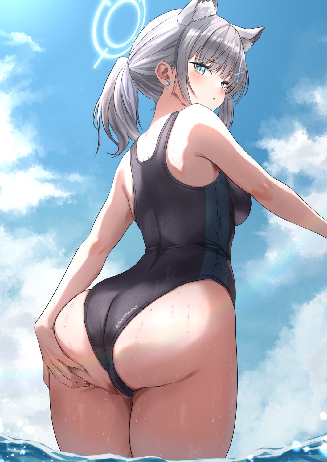 animal_ears ass ass_grab awnwmke blue_archive halo nekomimi sunaookami_shiroko swimsuits wet