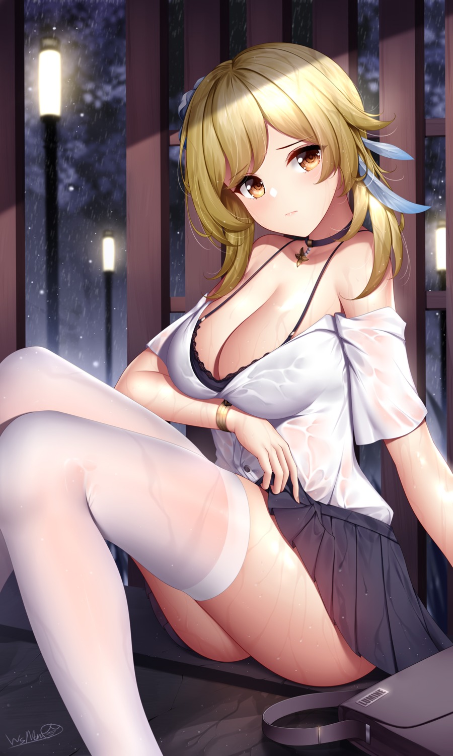 bra genshin_impact lumine open_shirt see_through seifuku skirt_lift thighhighs wet wet_clothes wsman