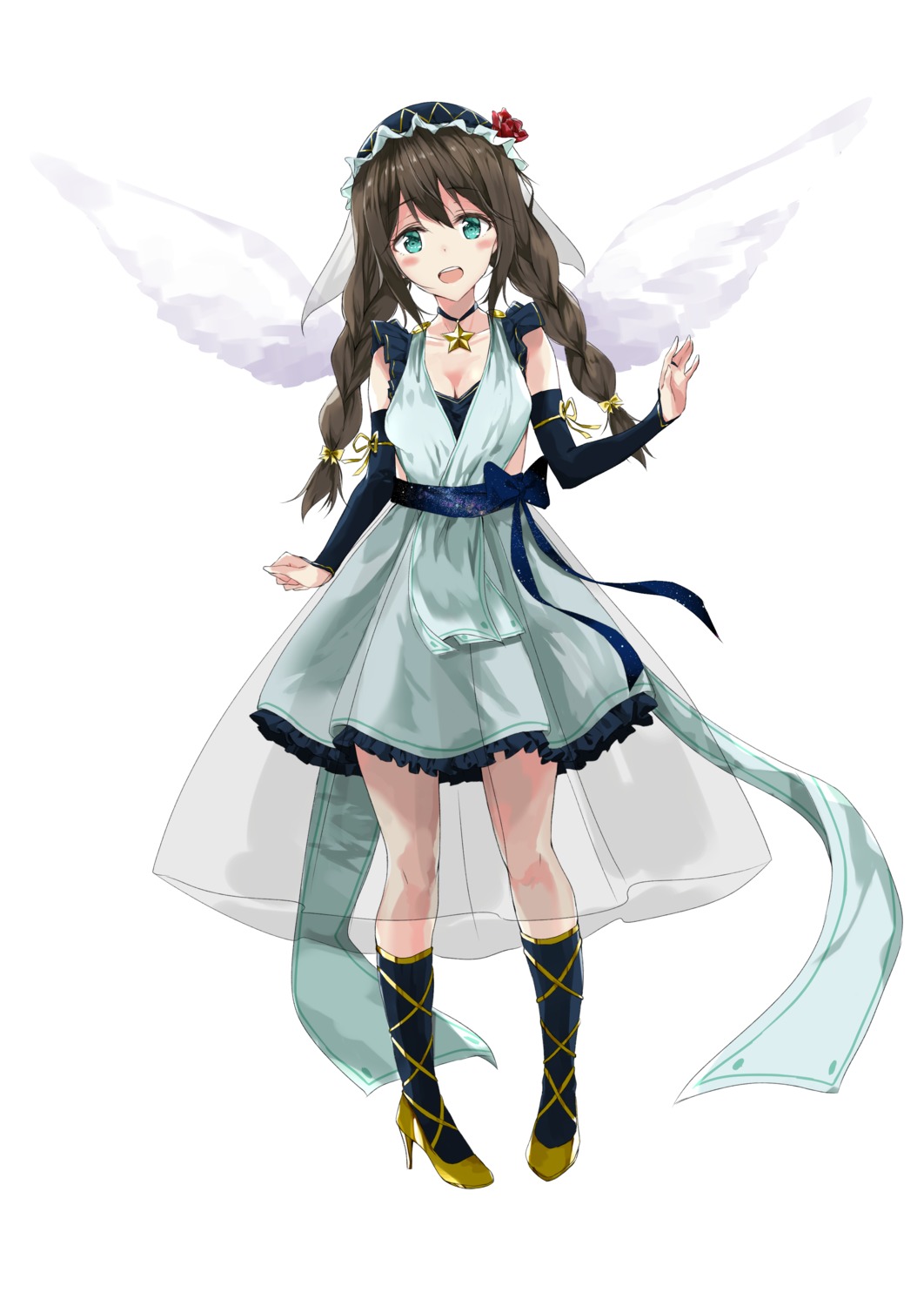 cleavage dress fujisaki_ribbon heels see_through wings