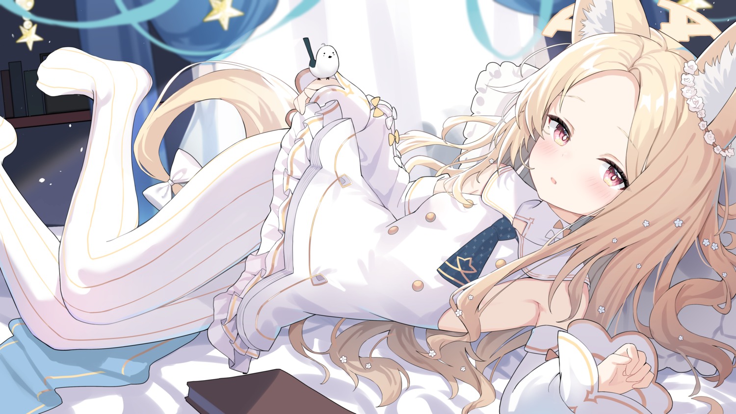 animal_ears blue_archive dress halo kitsune loli no_bra pantyhose pu_ht skirt_lift tail yurizono_seia