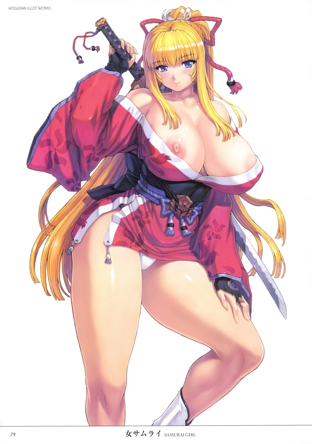 breasts cameltoe erect_nipples mogudan nipples no_bra open_shirt pantsu sword yukata