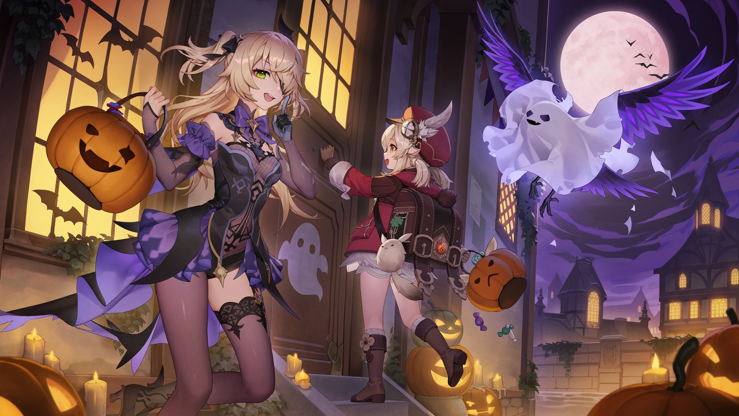 eyepatch fischl fishnets genshin_impact halloween klee no_bra oz_(genshin_impact) pointy_ears stockings tagme thighhighs wings