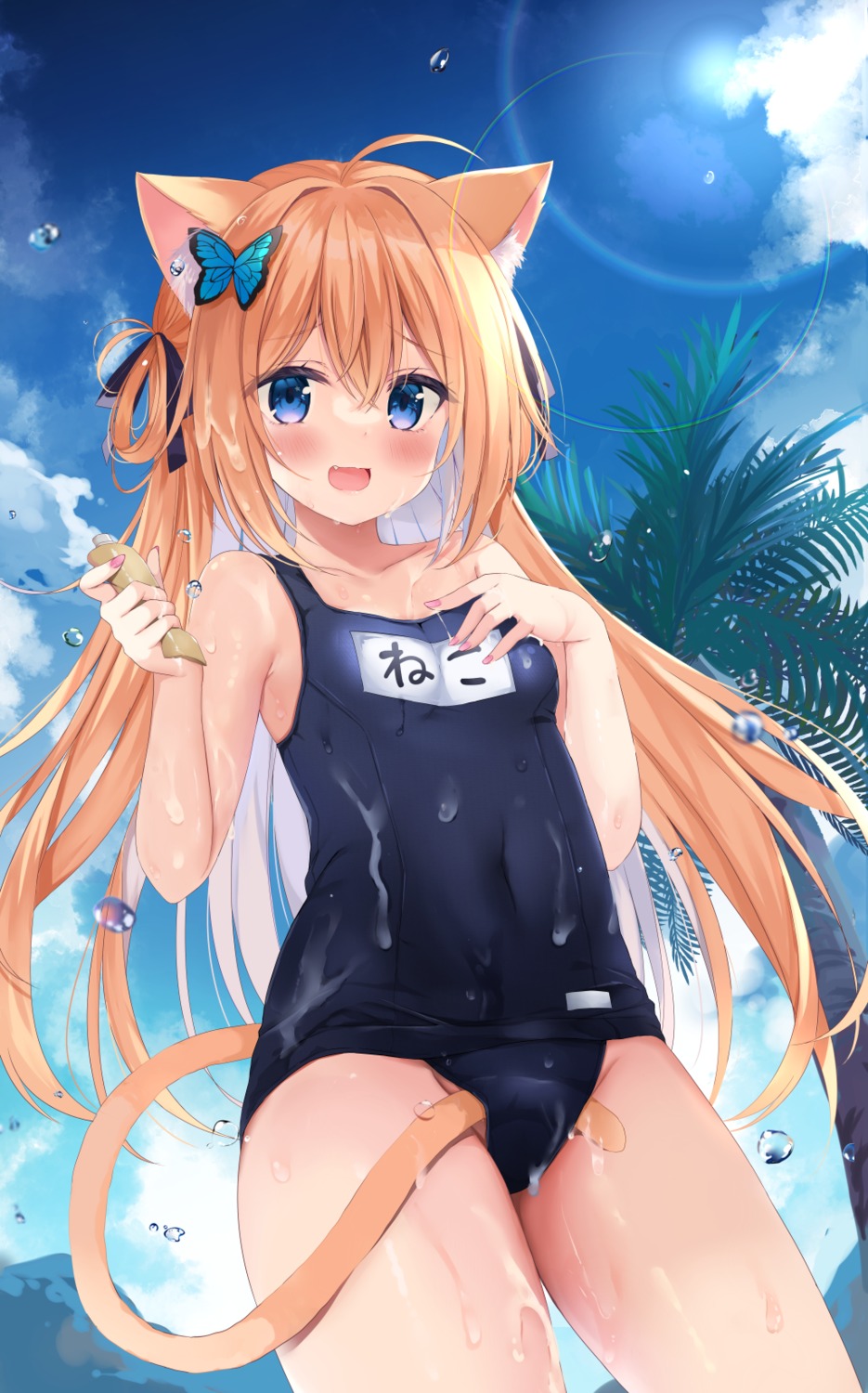 animal_ears cream kujou_danbo nekomimi school_swimsuit swimsuits tail wet