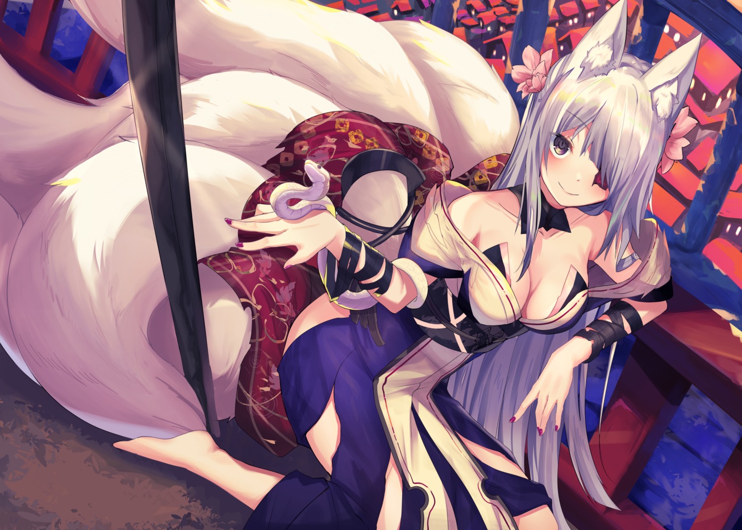 animal_ears cleavage eyepatch haik japanese_clothes kitsune no_bra open_shirt tail