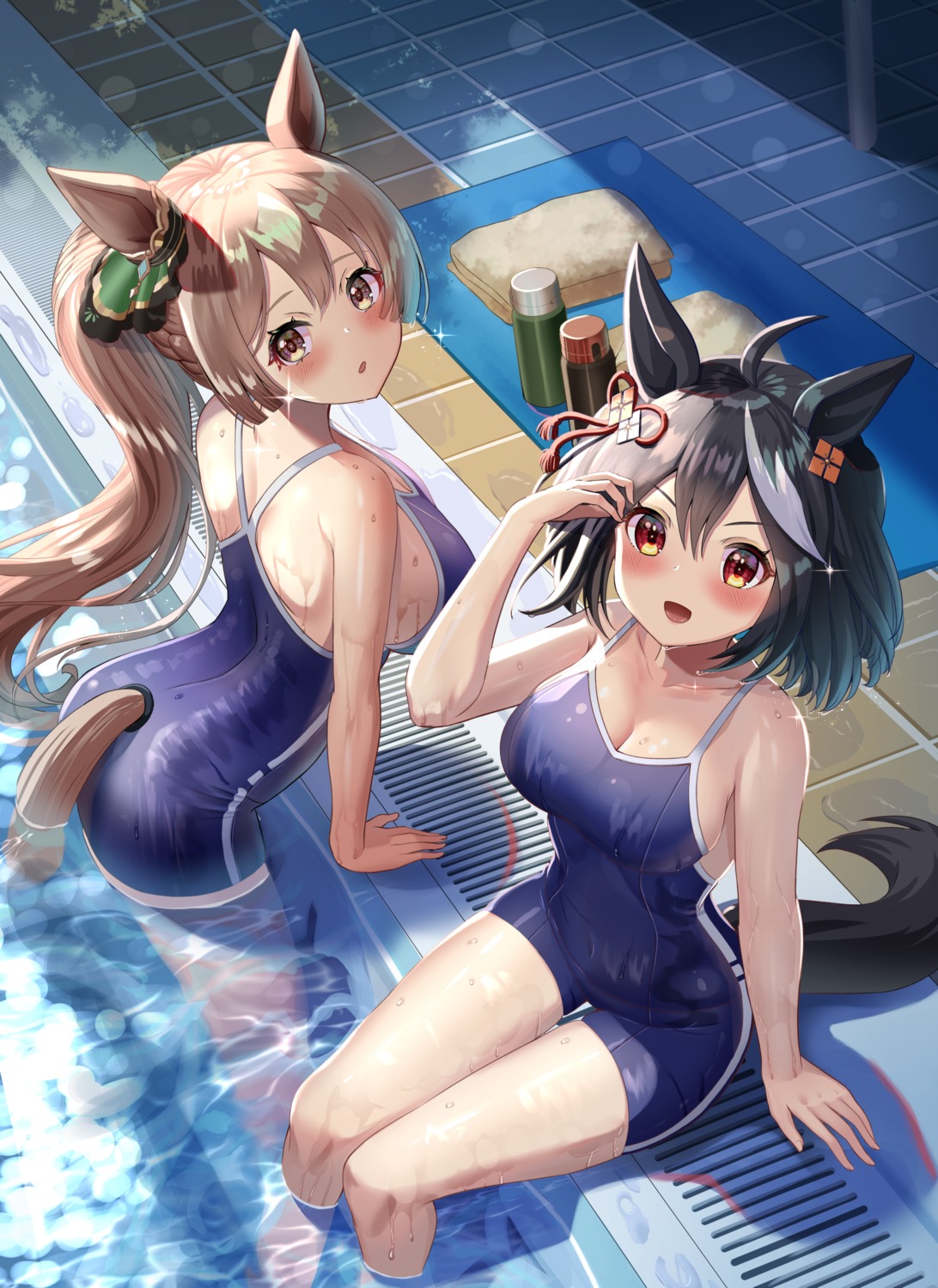 animal_ears ass kitasan_black_(umamusume) satono_diamond_(umamusume) swimsuits tail uma_musume_pretty_derby wanderlucia wet