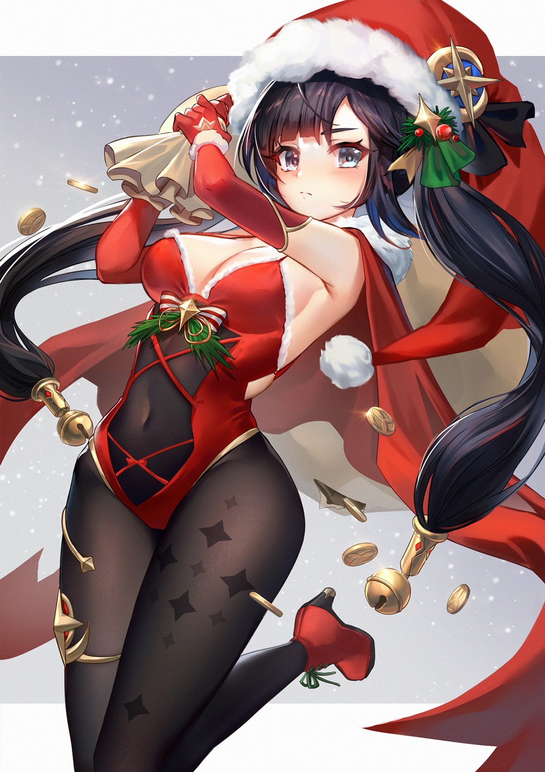 christmas garter genshin_impact heels lalazyt leotard mona_megistus no_bra pantyhose