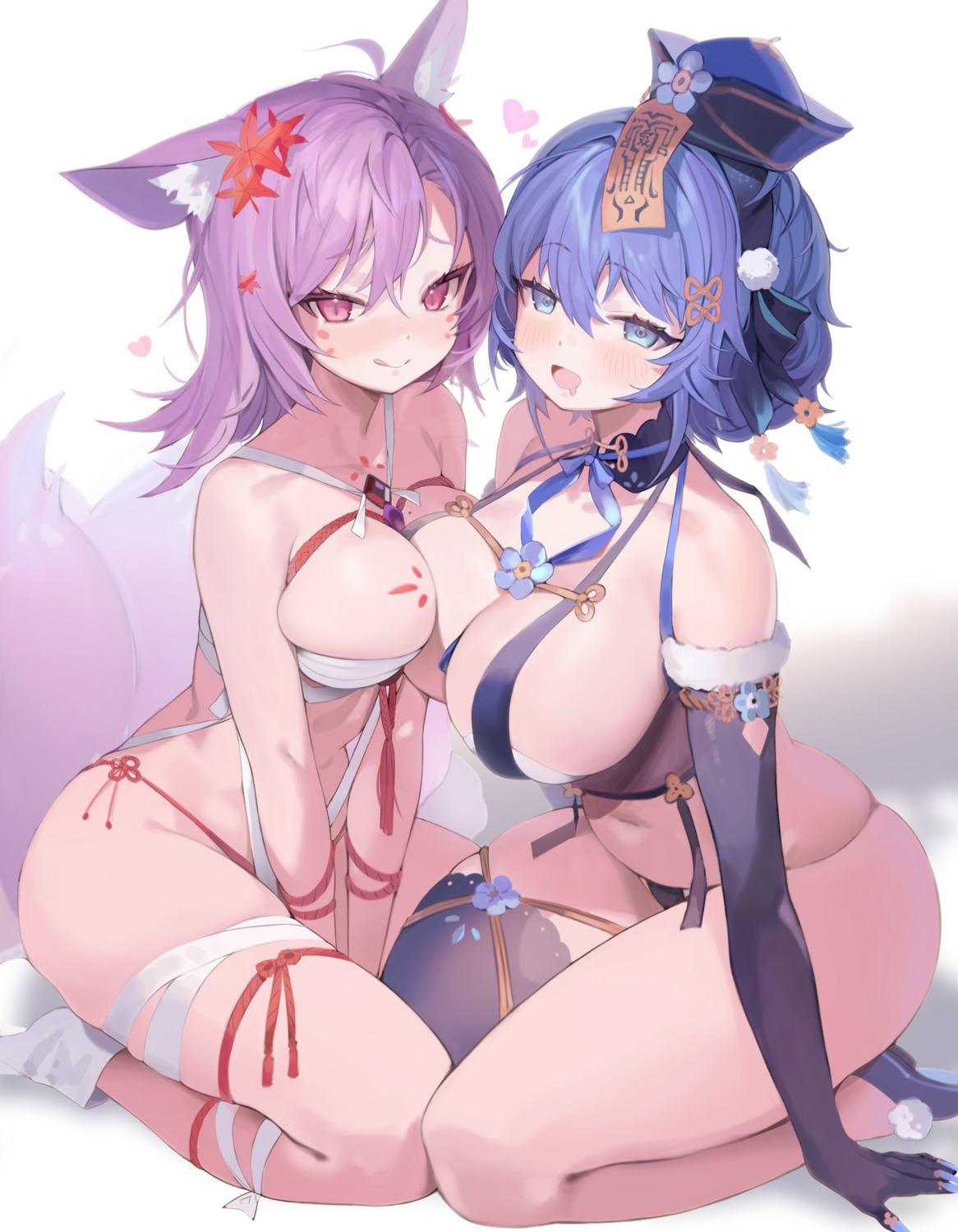 animal_ears bandages bikini garter gogoco kitsune sarashi swimsuits symmetrical_docking tail tattoo thighhighs