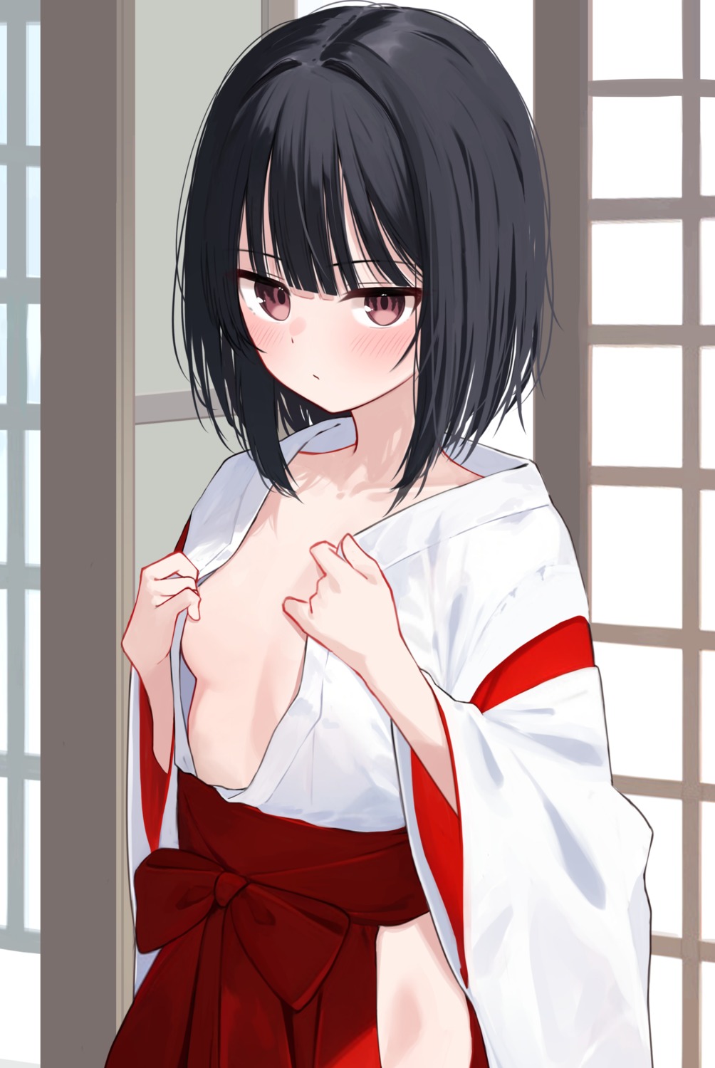 loli memekko miko no_bra open_shirt undressing