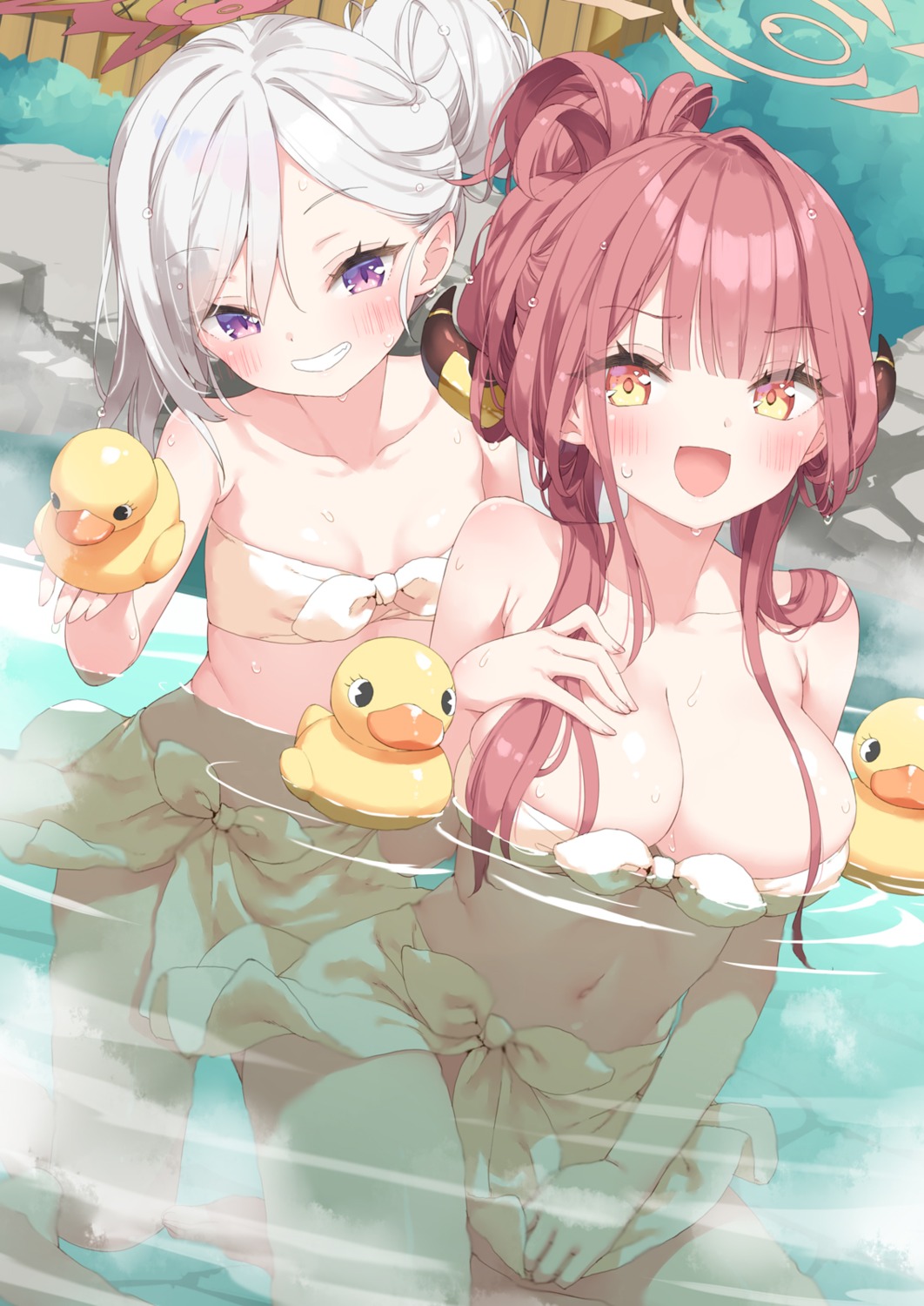 asagi_mutsuki bathing blue_archive halo horns kani_biimu loli onsen pointy_ears rikuhachima_aru towel wet