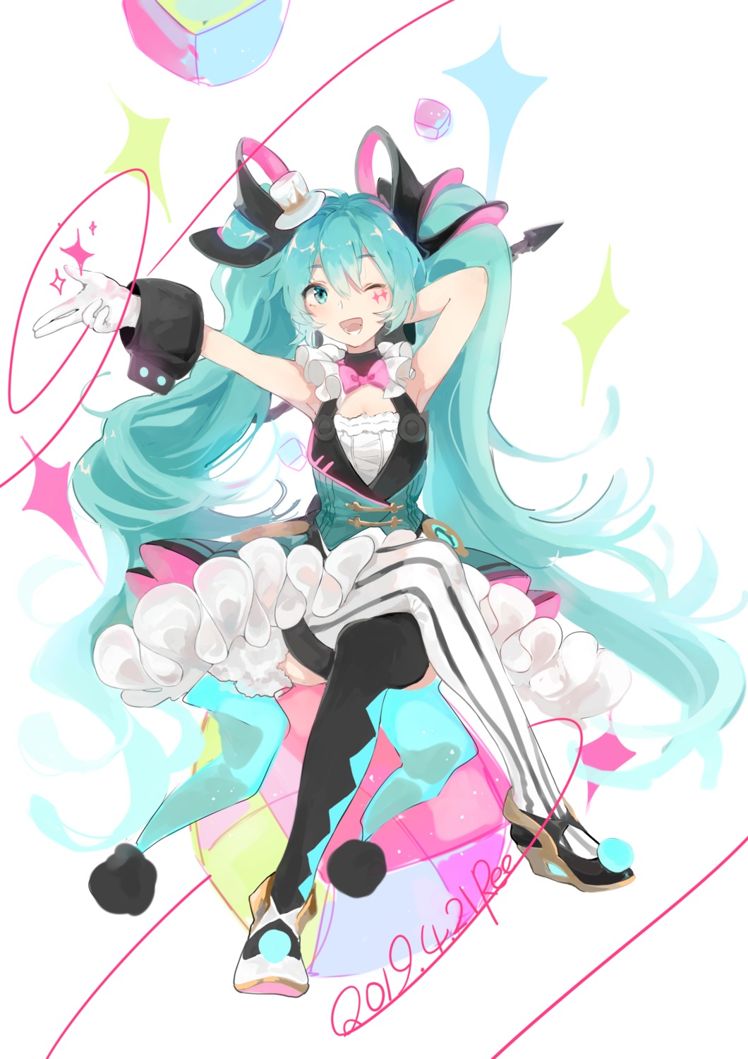 hatsune_miku heels magical_mirai skirt_lift stuko thighhighs vocaloid