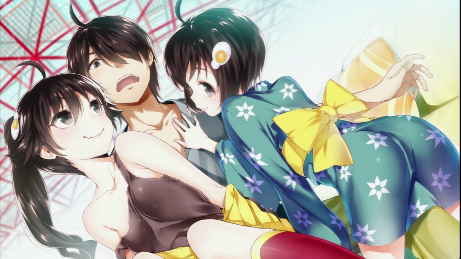 araragi_karen araragi_koyomi araragi_tsukihi bakemonogatari buriki cap endcard loli monogatari_(series) nisemonogatari wallpaper yukata