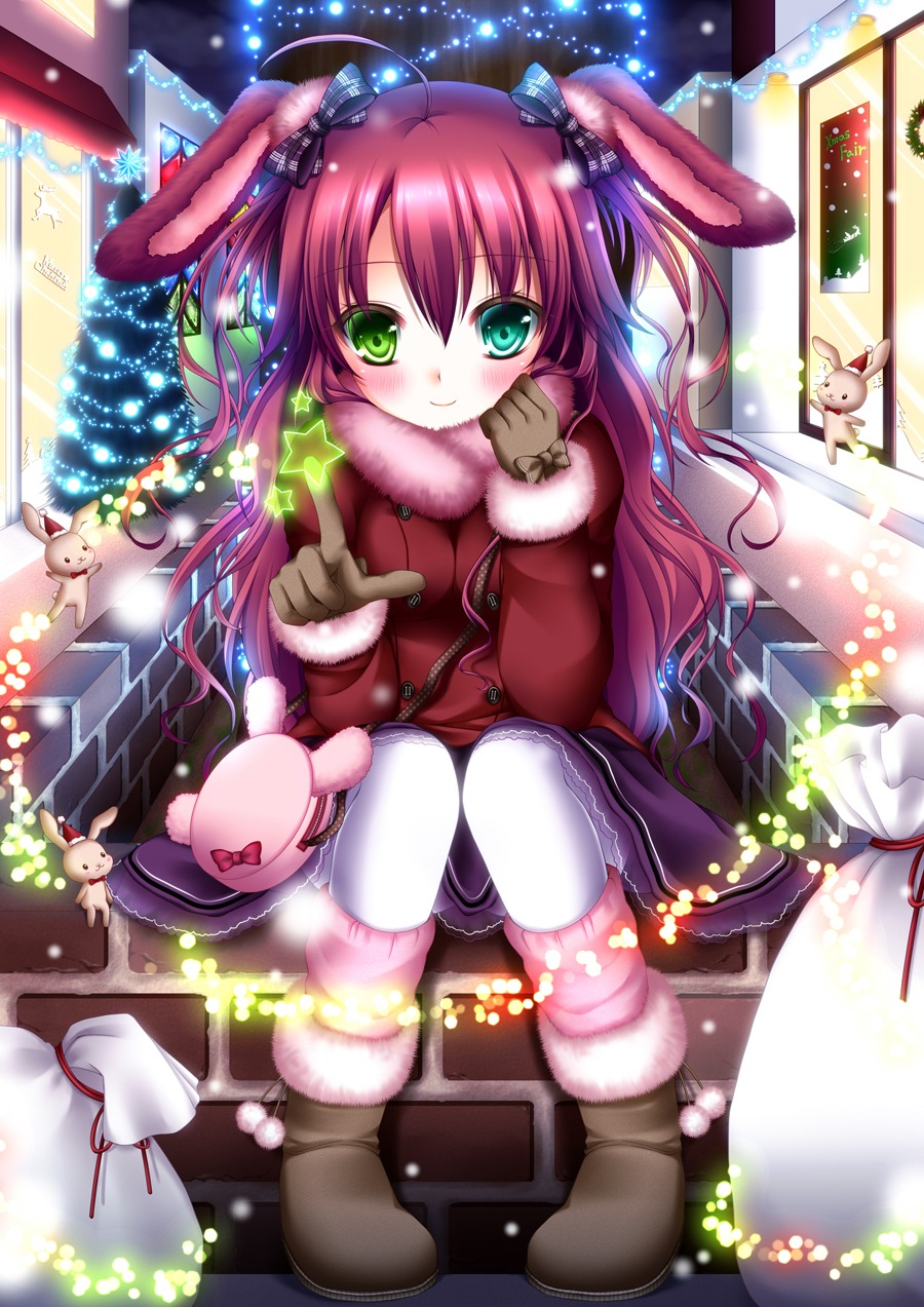 animal_ears bunny_ears christmas heterochromia shitou stockings thighhighs