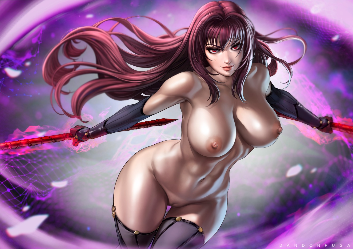 dandon_fuga fate/grand_order naked nipples pussy scathach_(fate/grand_order) thighhighs uncensored weapon