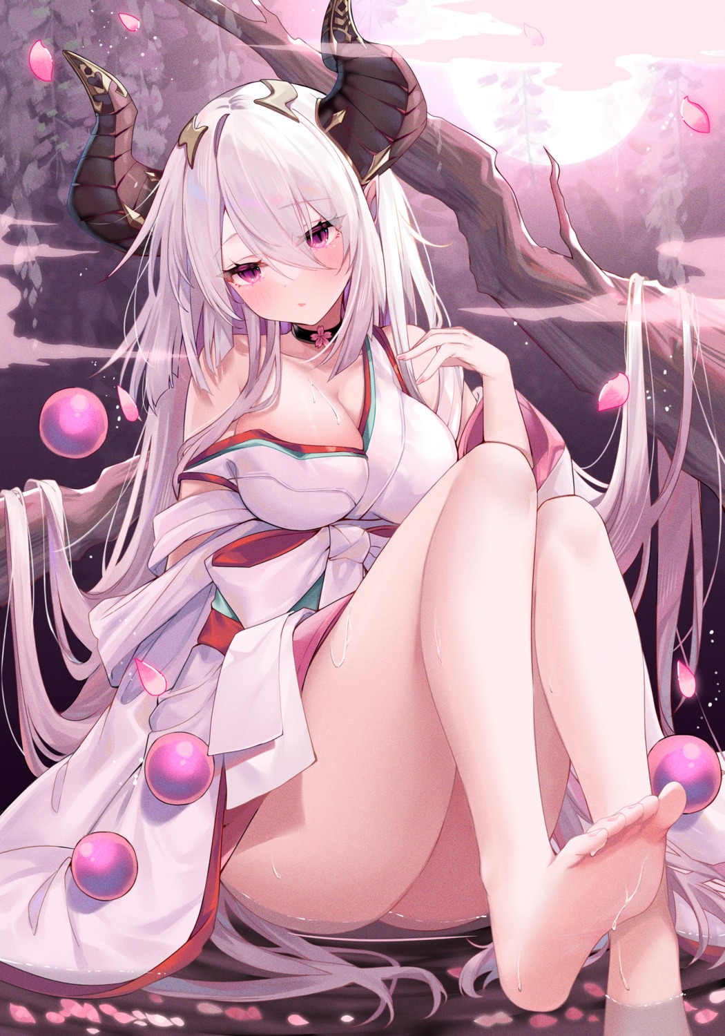 feet hecha horns japanese_clothes no_bra open_shirt red_blossoms_from_underroot skirt_lift wet yugioh