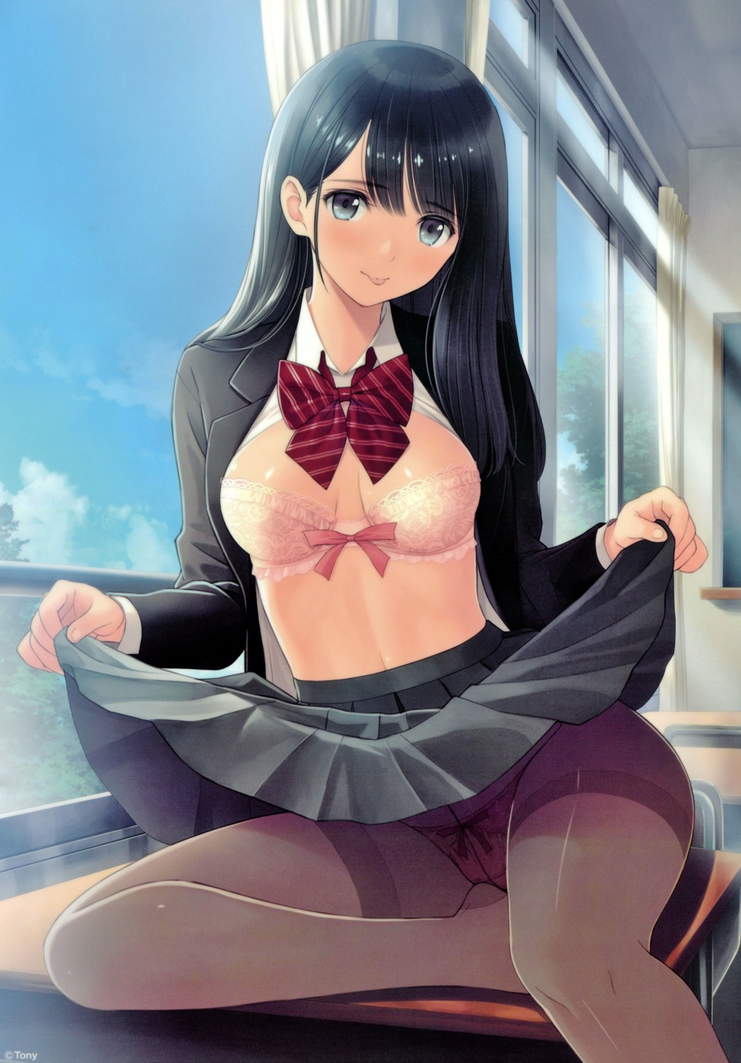 bra cleavage open_shirt pantsu pantyhose see_through seifuku skirt_lift tony_taka