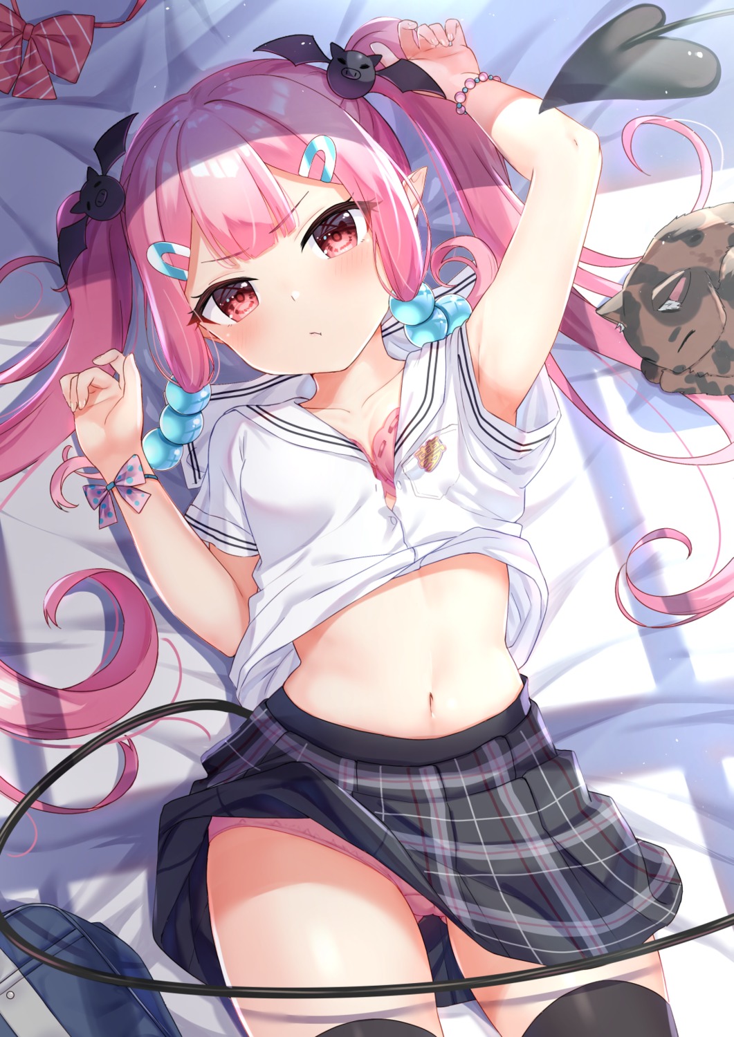 bra cleavage open_shirt pantsu pointy_ears seifuku shirt_lift skirt_lift tail thighhighs tsuki_usagi