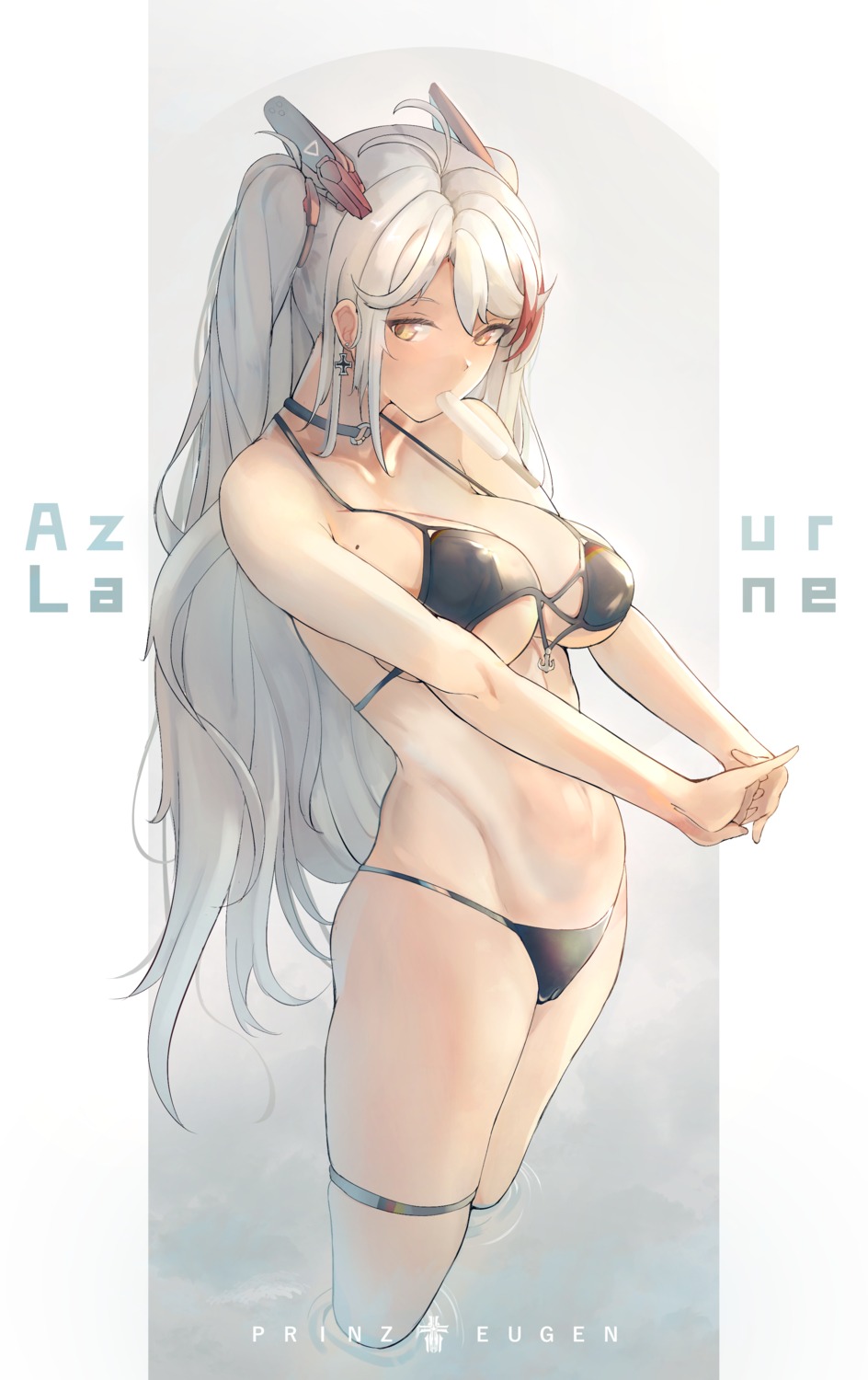 azur_lane bikini cameltoe censored erect_nipples garter prinz_eugen_(azur_lane) swimsuits wet yusha_(m-gata)