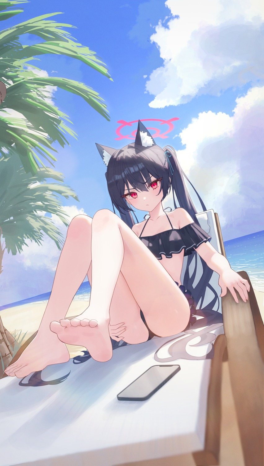 animal_ears bikini blue_archive feet halo kuromi_serika loli nekomimi suumon swimsuits thong