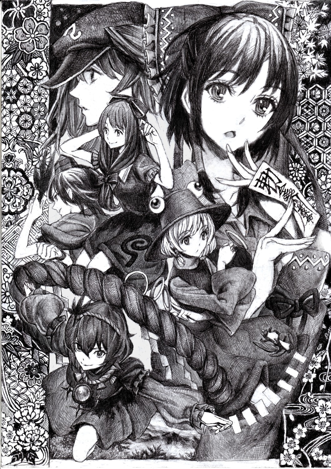 hakurei_reimu kagiyama_hina kawashiro_nitori monochrome moriya_suwako nobita shameimaru_aya touhou yasaka_kanako