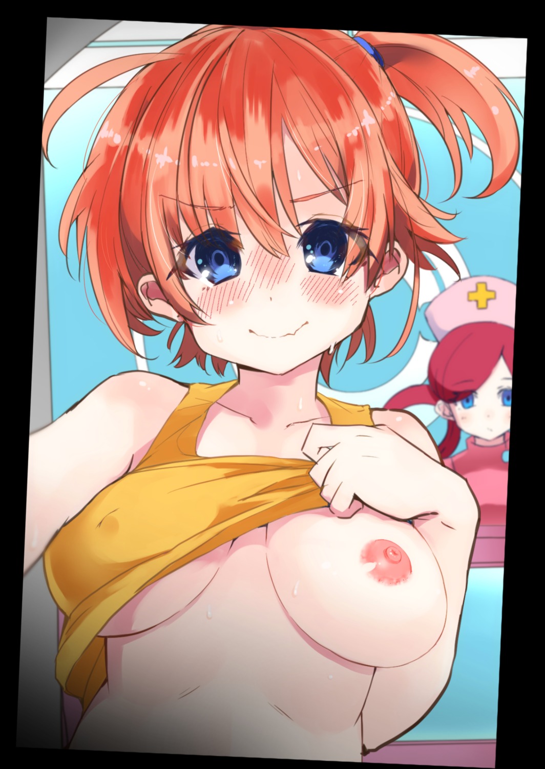 breasts erect_nipples kasumi_(pokemon) kobo_(cobo_0609) nipples no_bra nurse nurse_joy pokemon shirt_lift