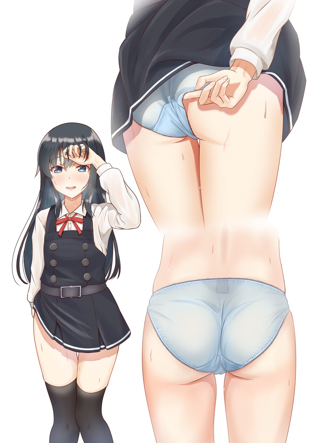 asashio_(kancolle) ass kantai_collection loli pantsu see_through seifuku skirt_lift thighhighs thong wet zuki