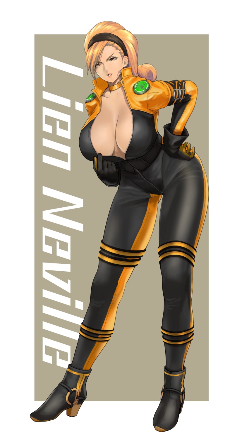 anagumasan bodysuit heels king_of_fighters lien_neville_(kof) no_bra open_shirt undressing