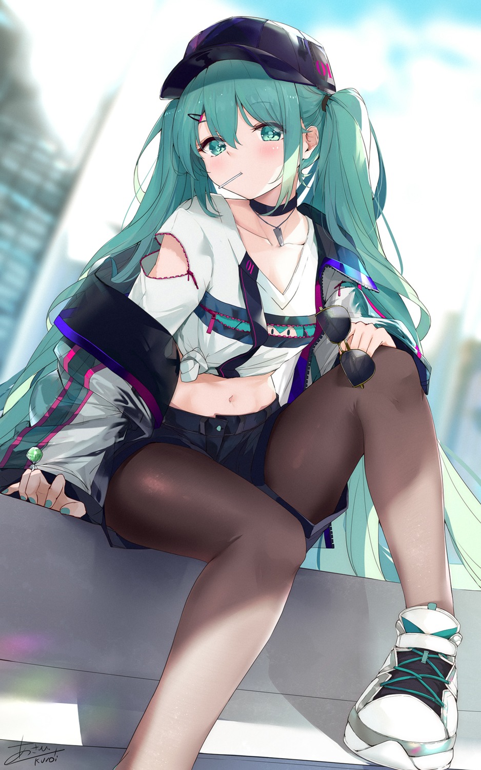 asahi_kuroi cleavage hatsune_miku megane pantyhose shirt_lift vocaloid