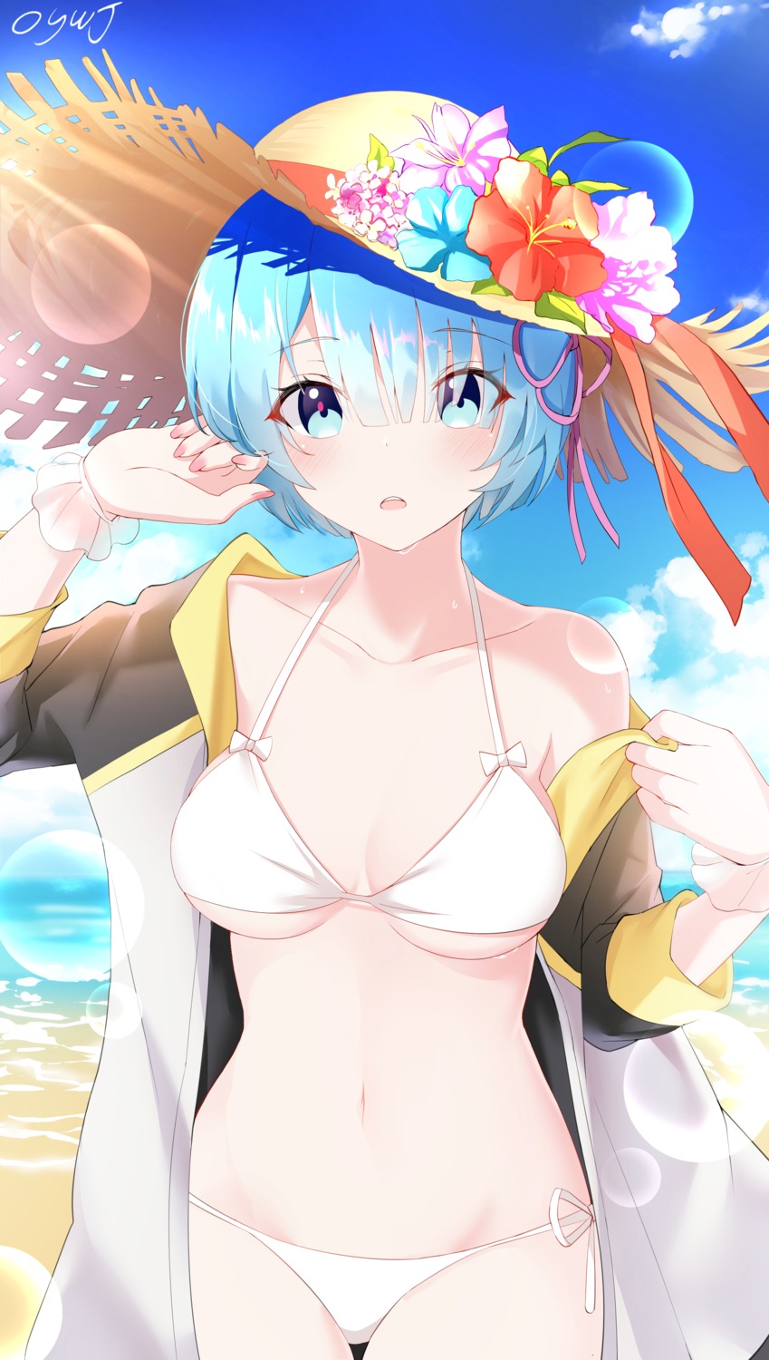 bikini open_shirt oywj re_zero_kara_hajimeru_isekai_seikatsu rem_(re_zero) swimsuits