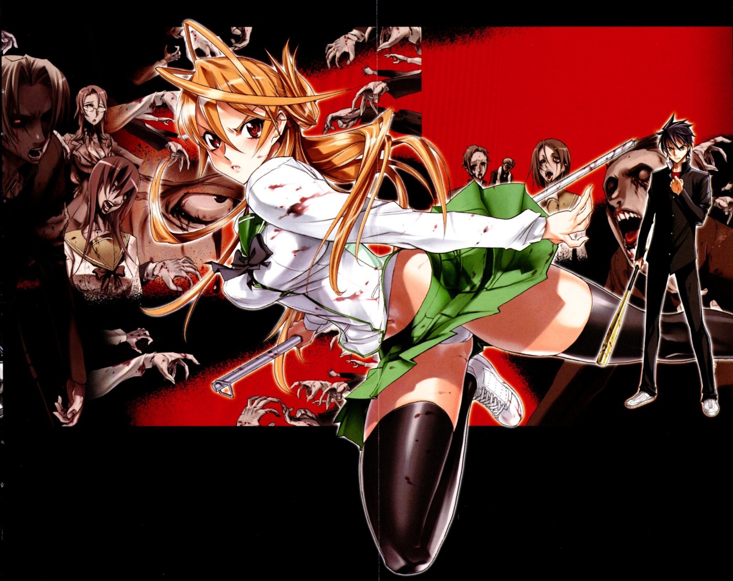 blood crease highschool_of_the_dead inazuma komuro_takashi miyamoto_rei pantsu seifuku thighhighs