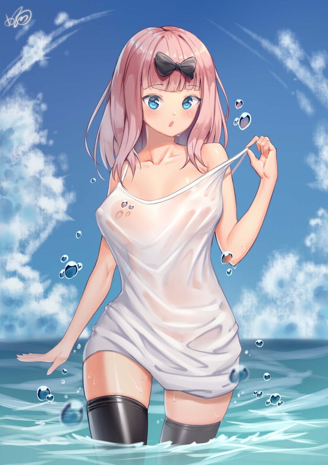 dress fujiwara_chika kaguya-sama_wa_kokurasetai_~tensai-tachi_no_renai_zunousen~ konishi_(565112307) no_bra see_through thighhighs undressing wet wet_clothes