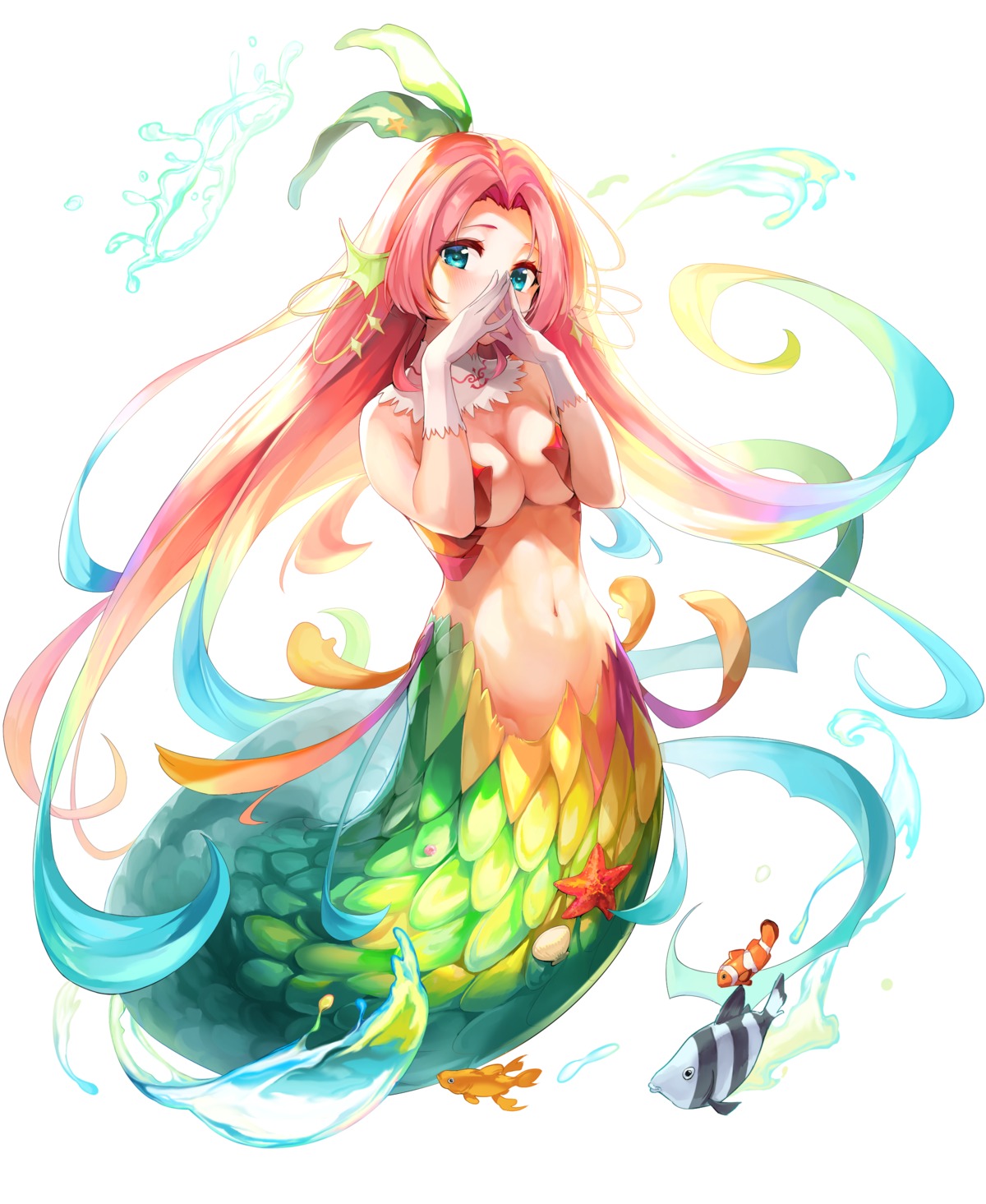 breast_hold maeshimashi mermaid monster_girl no_bra tail