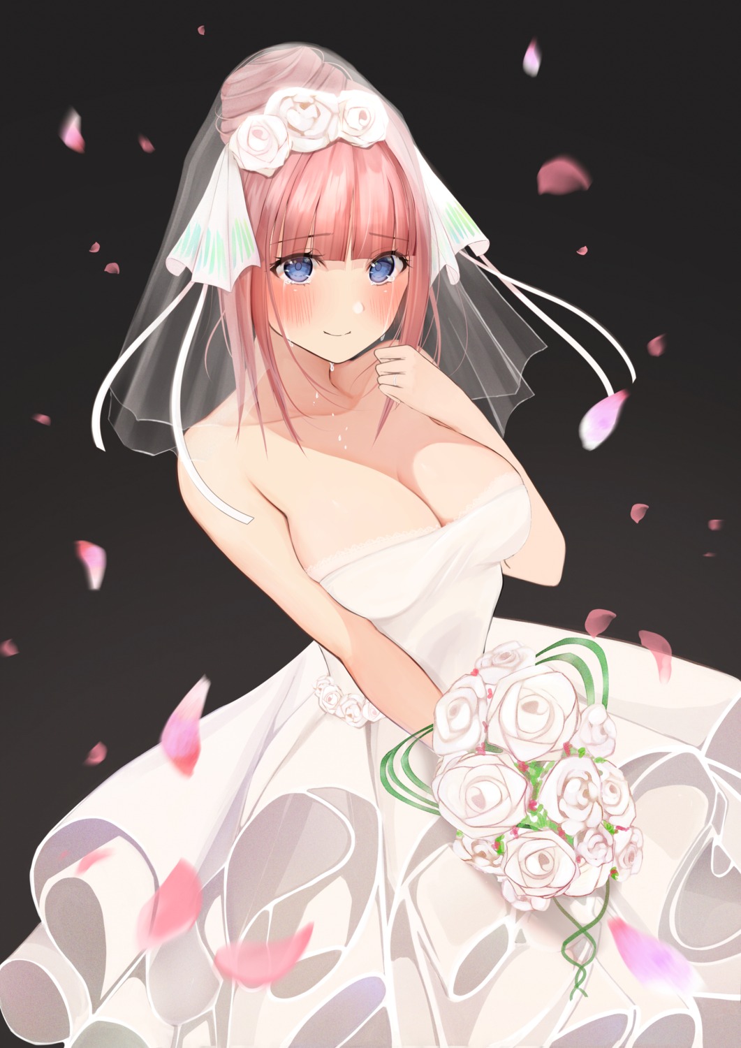 5-toubun_no_hanayome breast_hold cleavage dress nakano_nino no_bra uiri-na wedding_dress