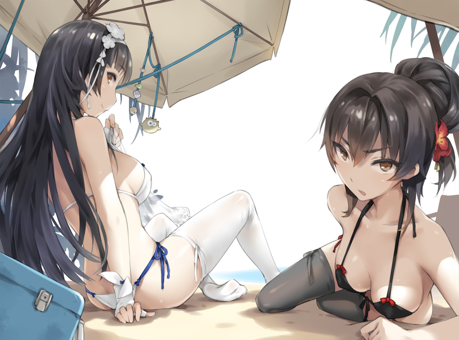 bikini cleavage erect_nipples girls_frontline qbz-95_(girls_frontline) qbz-97_(girls_frontline) swimsuits thighhighs umbrella xie_yizhen