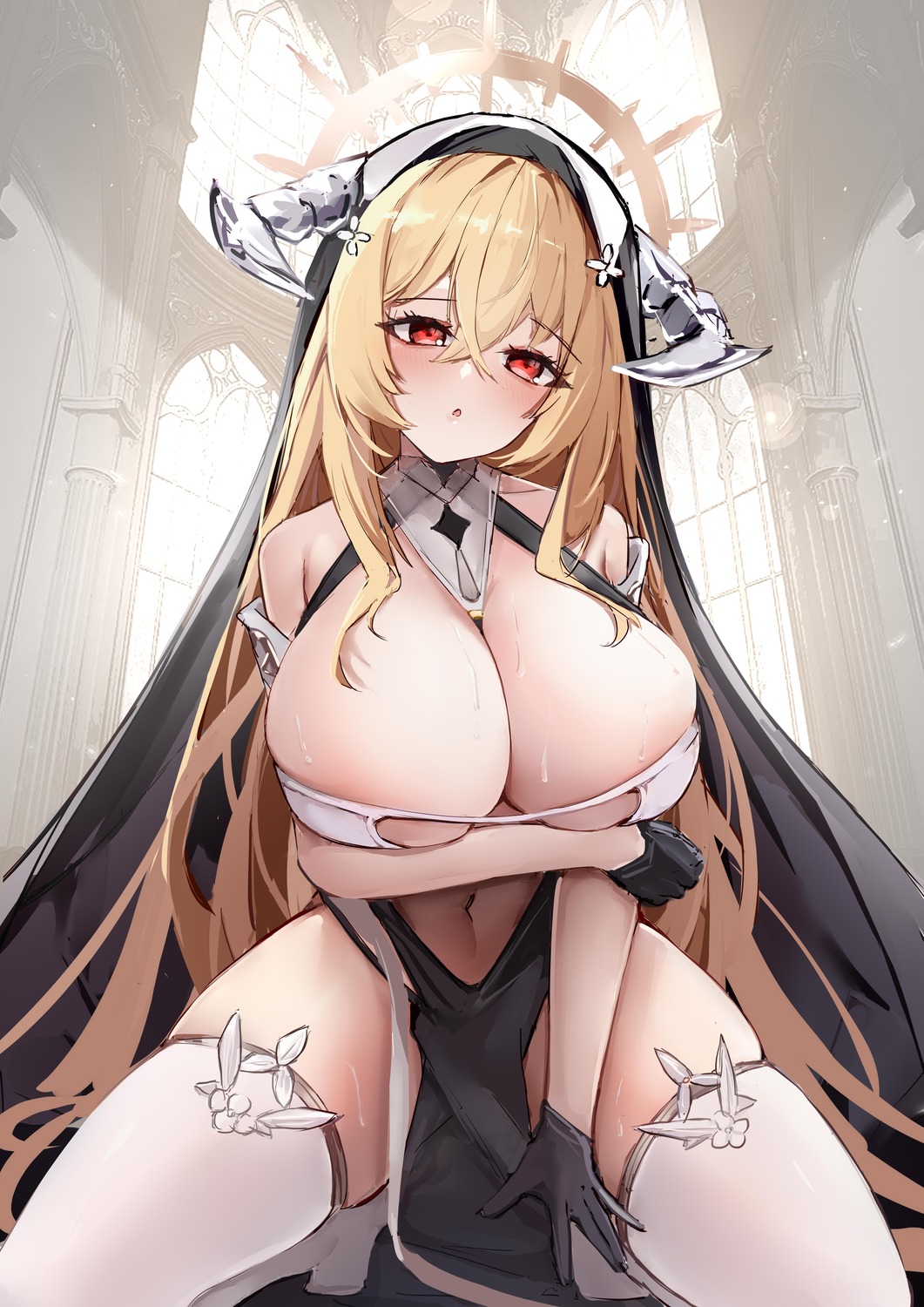 azur_lane breast_hold cyan_(2723219252) horns implacable_(azur_lane) no_bra nun thighhighs