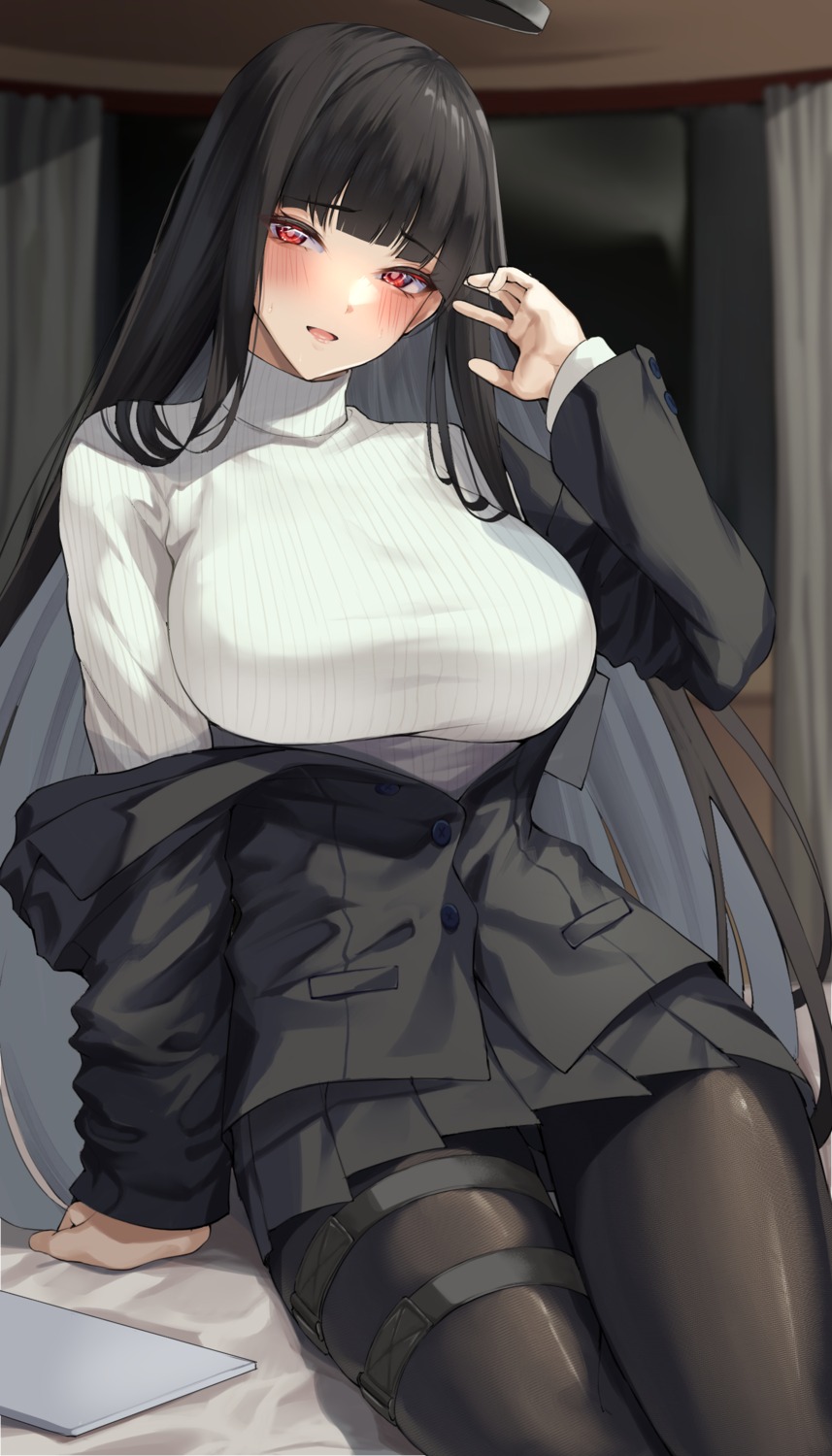 blue_archive business_suit garter halo pantyhose sweater tsukatsuki_rio white-paka