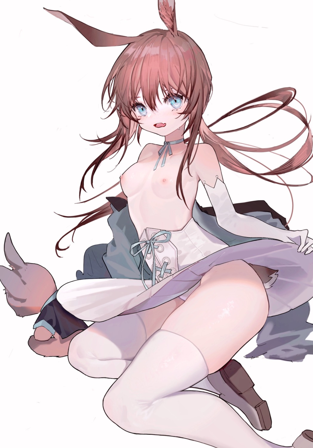 amiya_(arknights) animal_ears arknights bunny_ears cookie_(ppyf5328) dress nipples pantsu skirt_lift tail thighhighs topless