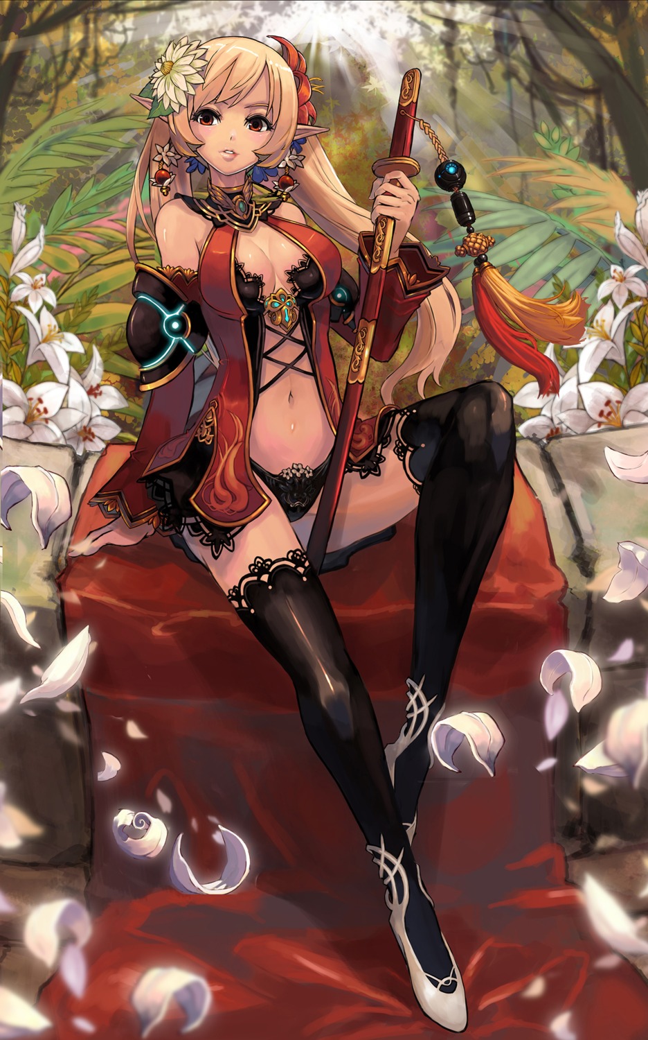 cleavage elf pointy_ears qbspdl sword thighhighs