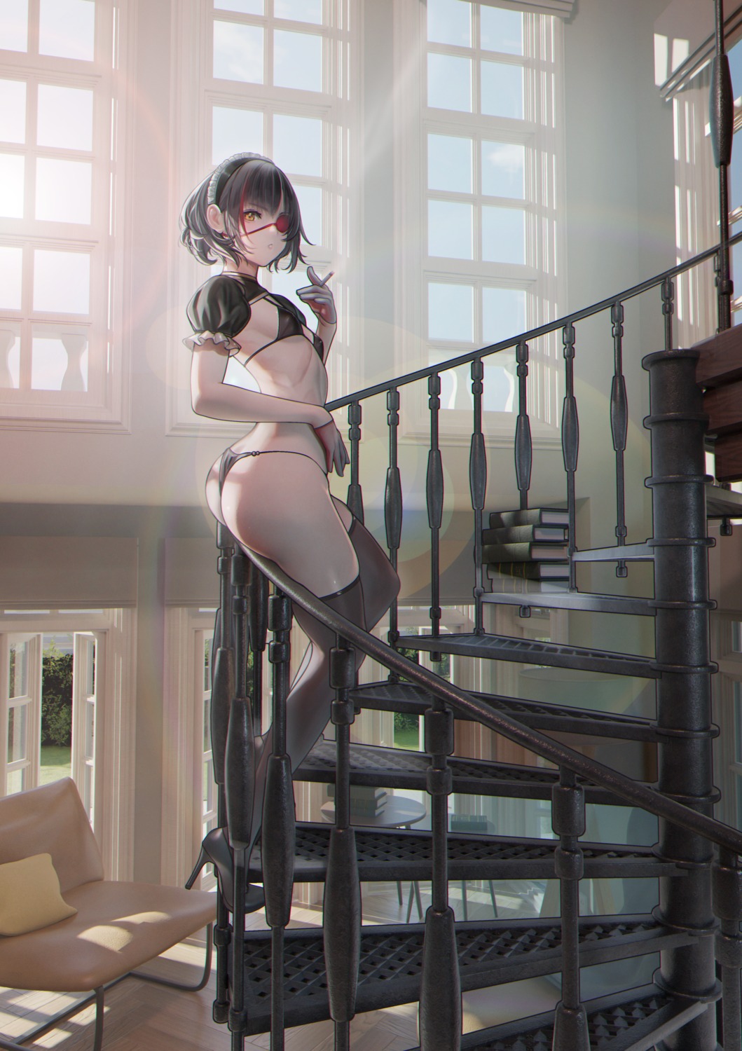 ass eyepatch heels nanaken_nana pantsu smoking string_panties thighhighs