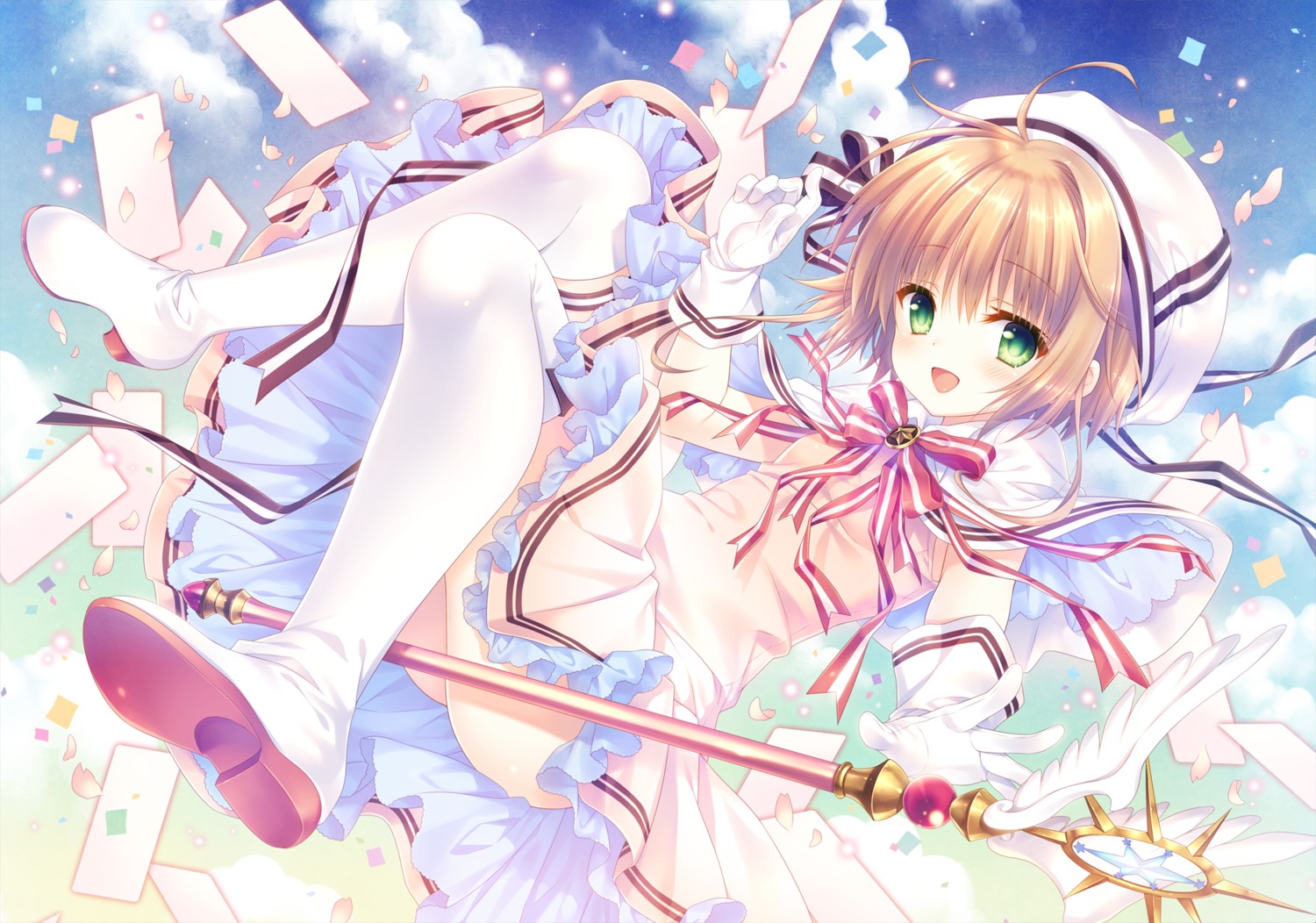 card_captor_sakura dress kinomoto_sakura skirt_lift tatekawa_mako thighhighs weapon