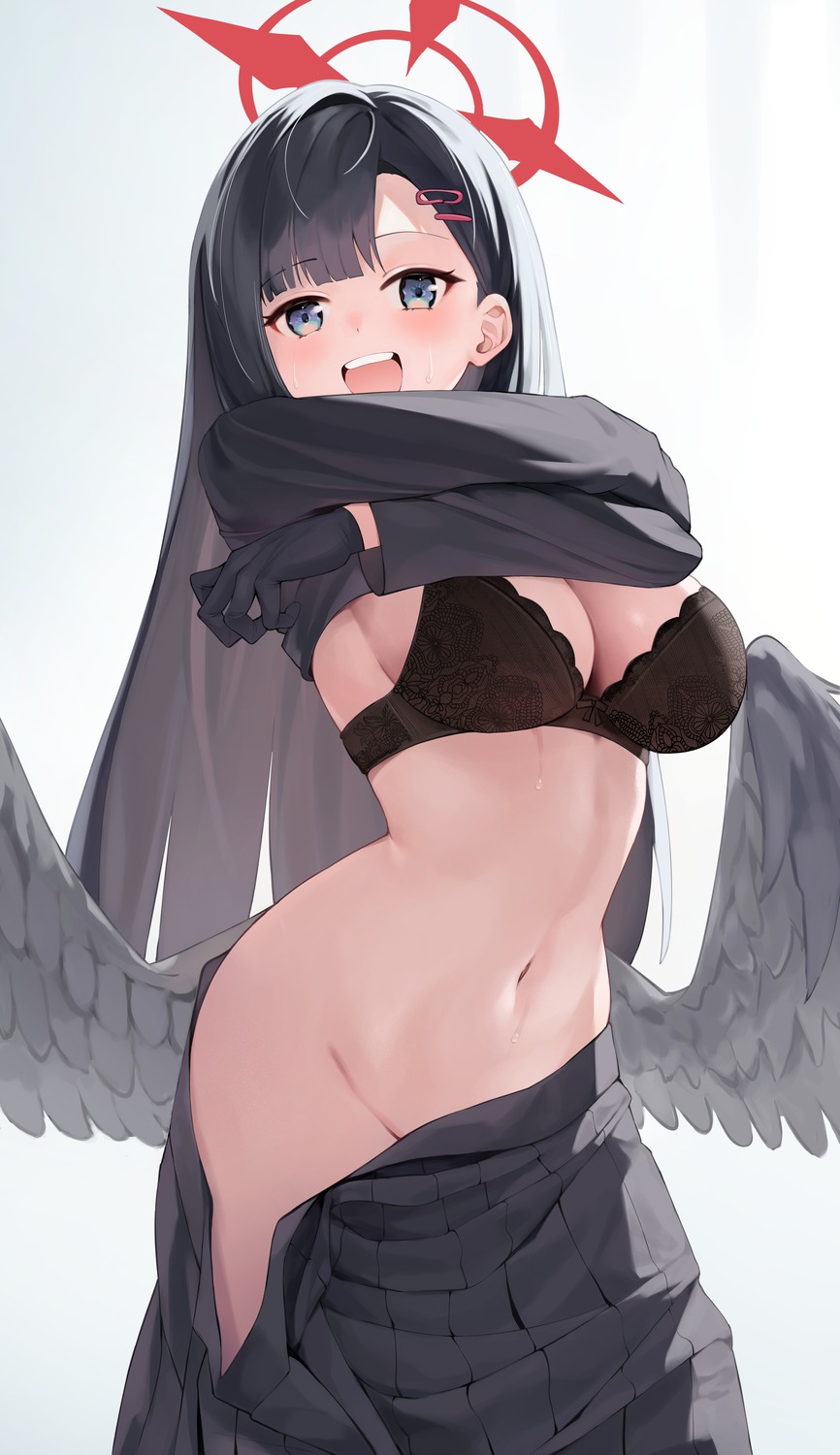 angel blue_archive bra nakamasa_ichika rable seifuku shirt_lift undressing wings