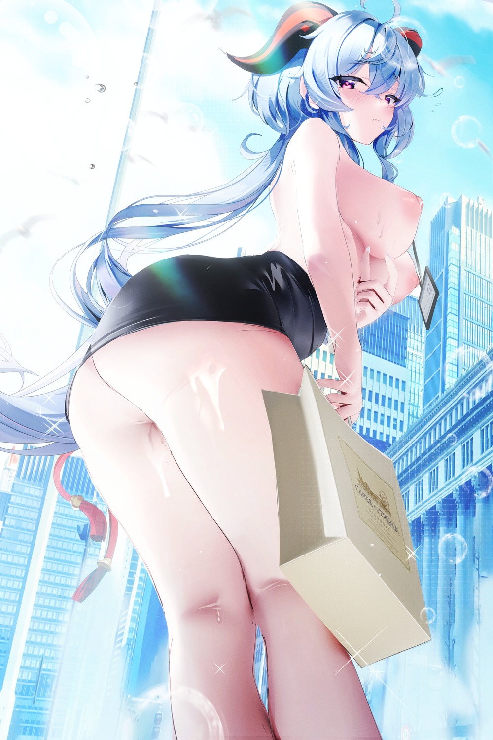 ass cum fantongjun ganyu genshin_impact horns nipples nopan pussy_juice skirt_lift topless