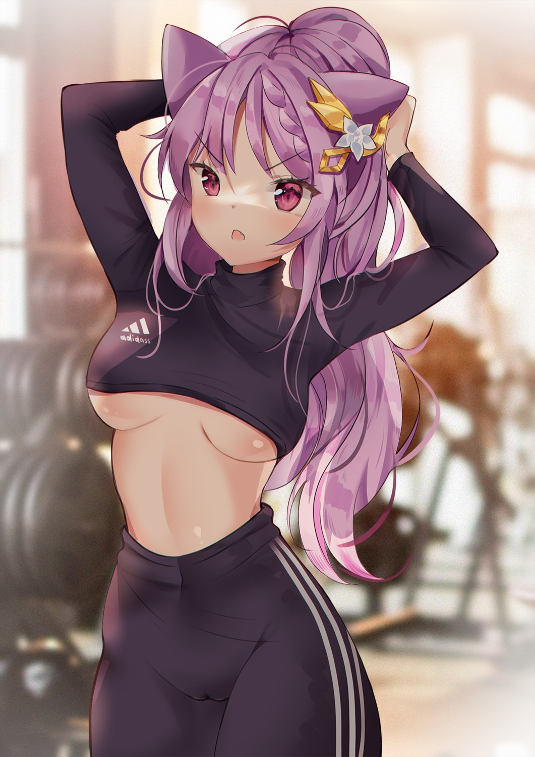 anyuu cameltoe genshin_impact gym_uniform keqing no_bra underboob