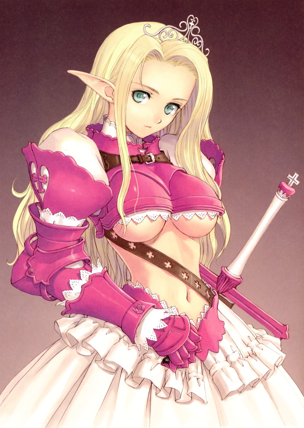 armor dress elf pointy_ears sword tony_taka underboob